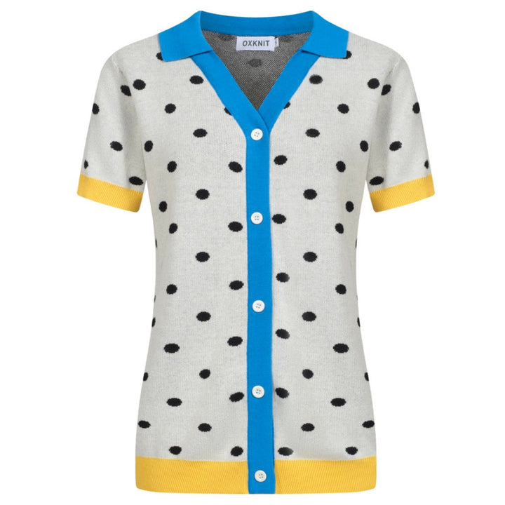 Cárdigan de punto retro de lunares blancos para mujeres