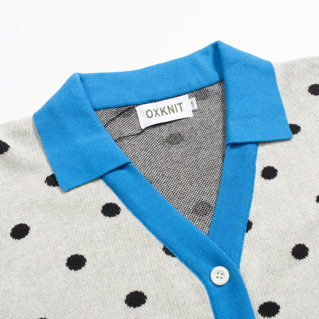 Cárdigan de punto retro de lunares blancos para mujeres