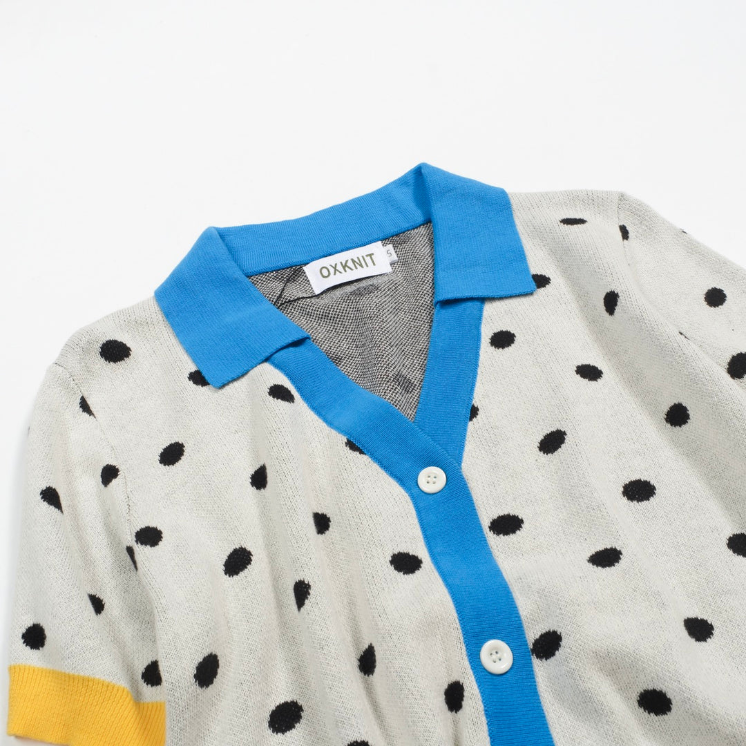 Cárdigan de punto retro de lunares blancos para mujeres