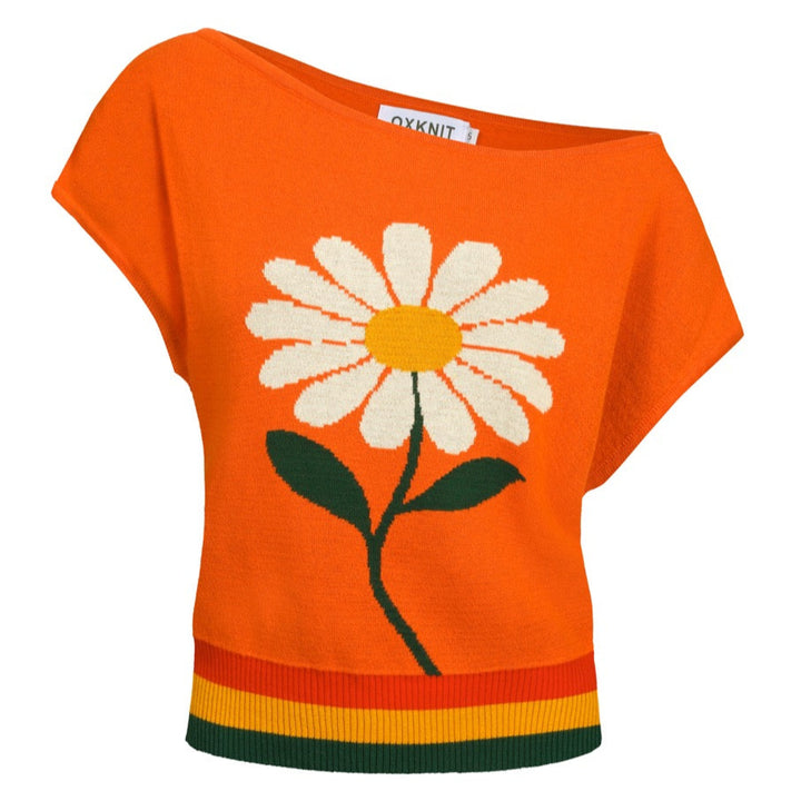 T-shirt feminina Jacquard Knit Sweep-ombro-tamanho curto da versão