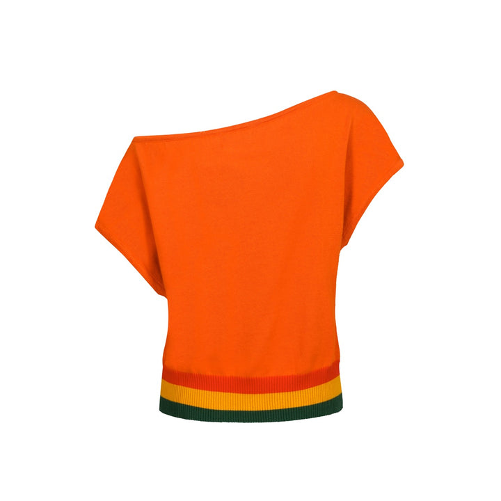 T-shirt feminina Jacquard Knit Sweep-ombro-tamanho curto da versão