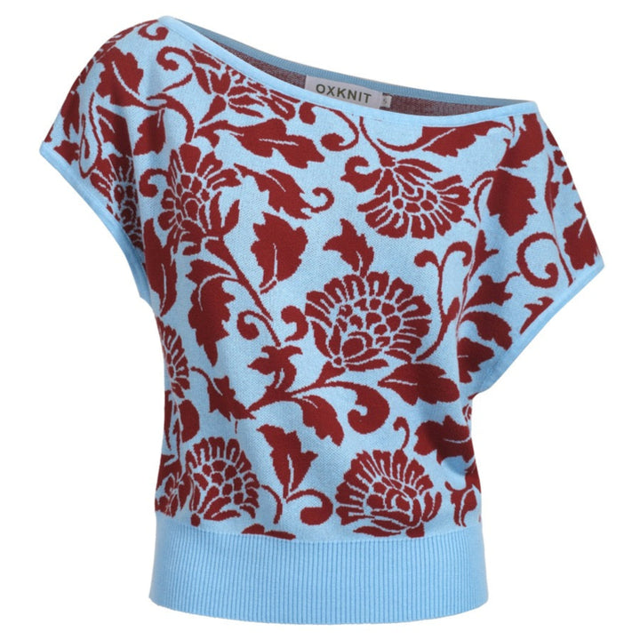 Women's blue slope-shoulder knit T-shirt - short version size