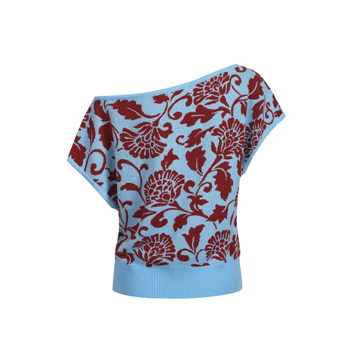 Women's blue slope-shoulder knit T-shirt - short version size