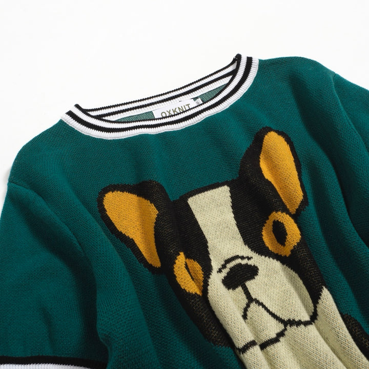 Women's vintage French Bulldog dog jacquard knit T-shirt