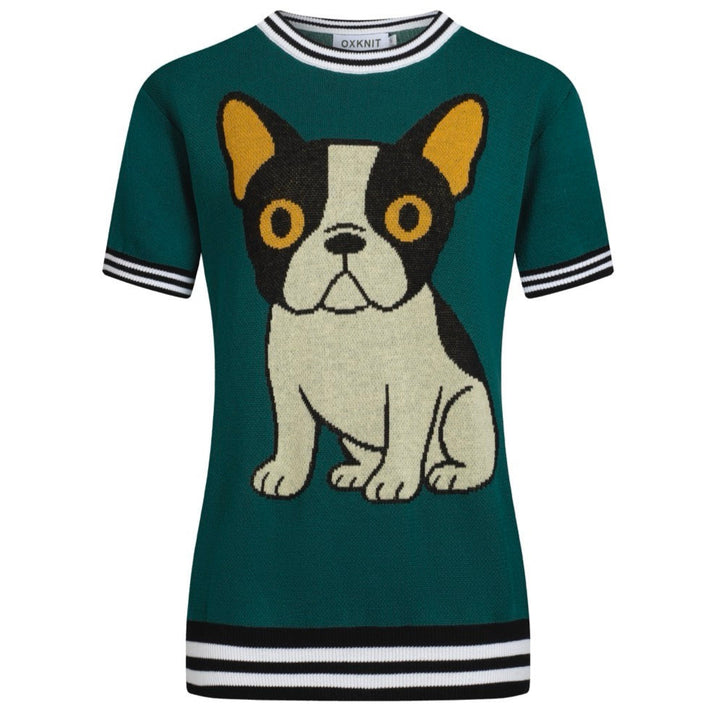Women's vintage French Bulldog dog jacquard knit T-shirt