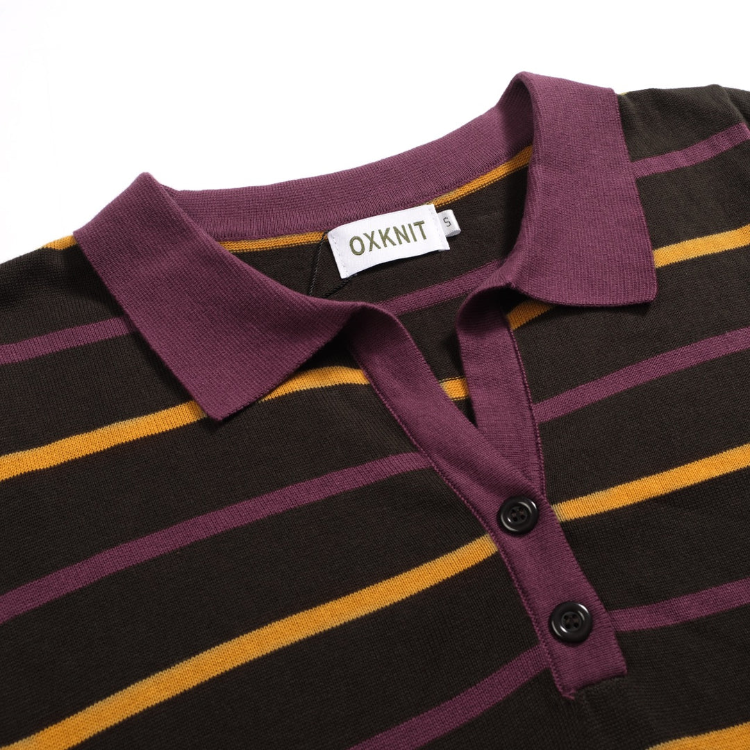 Kvinnors bruna randiga Jacquard V-hals polo