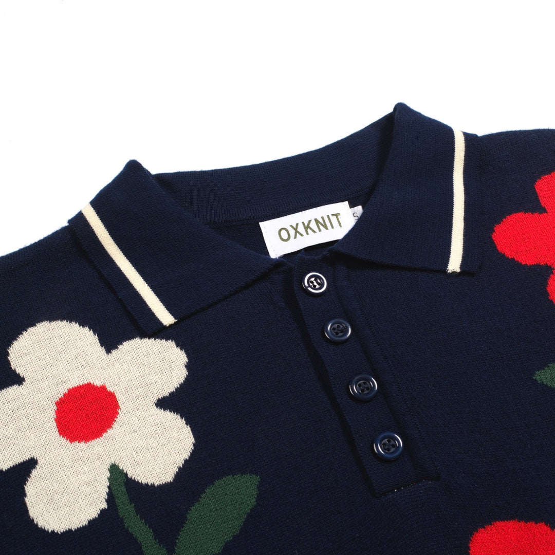 Ανδρικό ναυτικό floral jacquard πλεκτό πουκάμισο πόλο