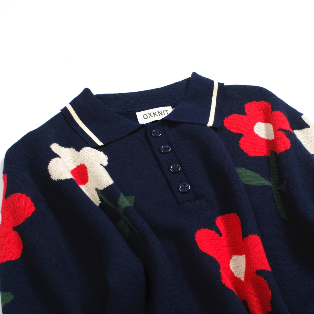Ανδρικό ναυτικό floral jacquard πλεκτό πουκάμισο πόλο
