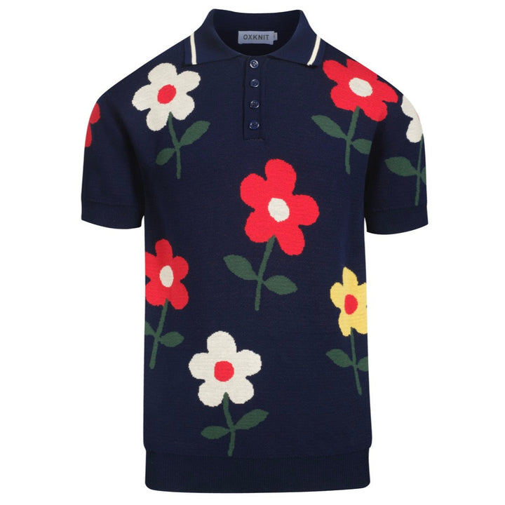 Ανδρικό ναυτικό floral jacquard πλεκτό πουκάμισο πόλο