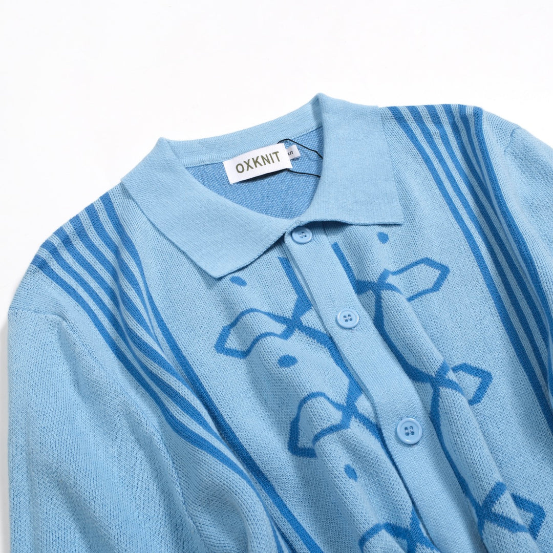 Mænds blå retro jacquard strikket cardigan