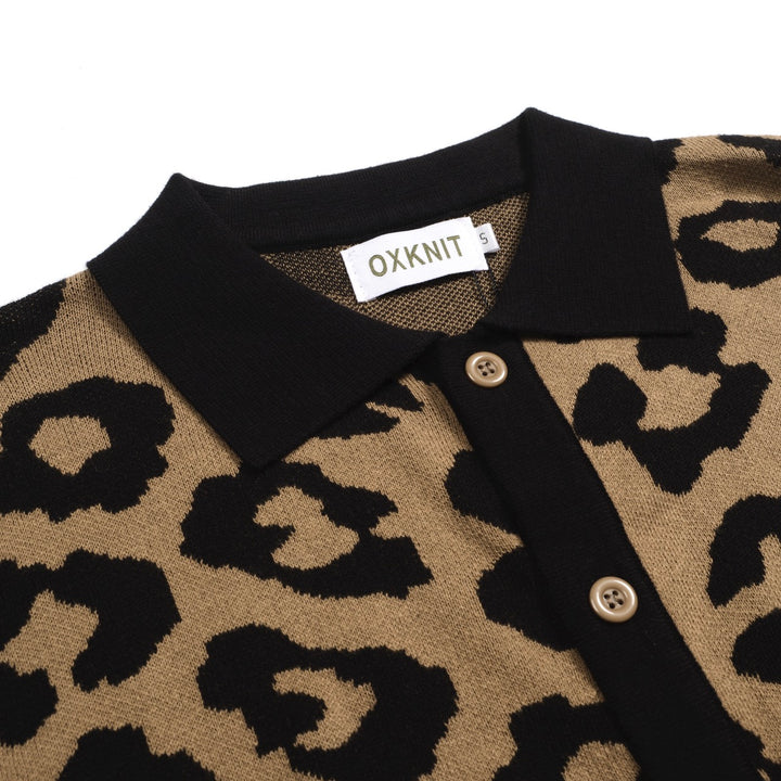 Men's brown leopard print vintage jacquard knitted cardigan