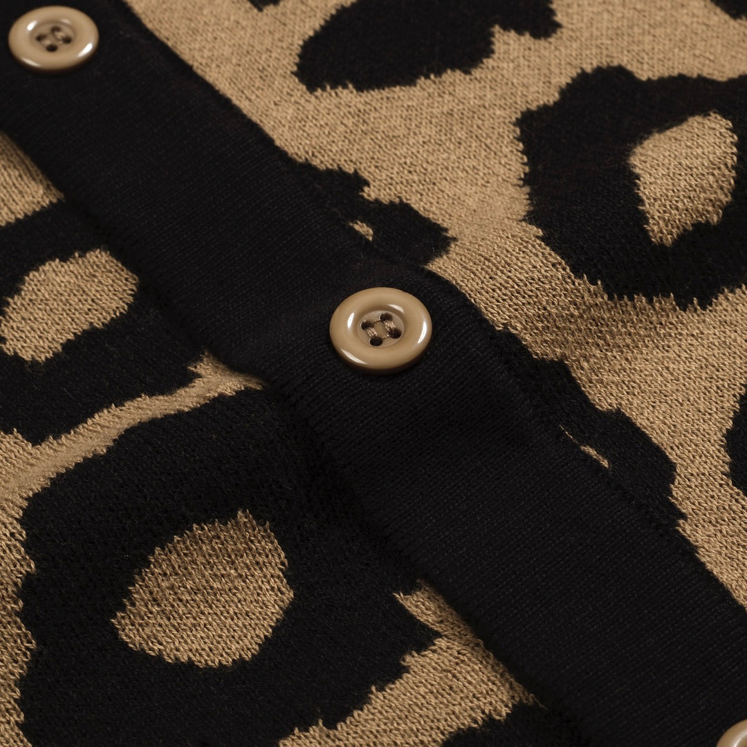 Men's brown leopard print vintage jacquard knitted cardigan