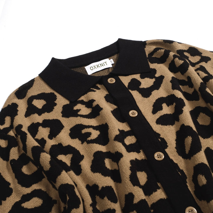 Men's brown leopard print vintage jacquard knitted cardigan