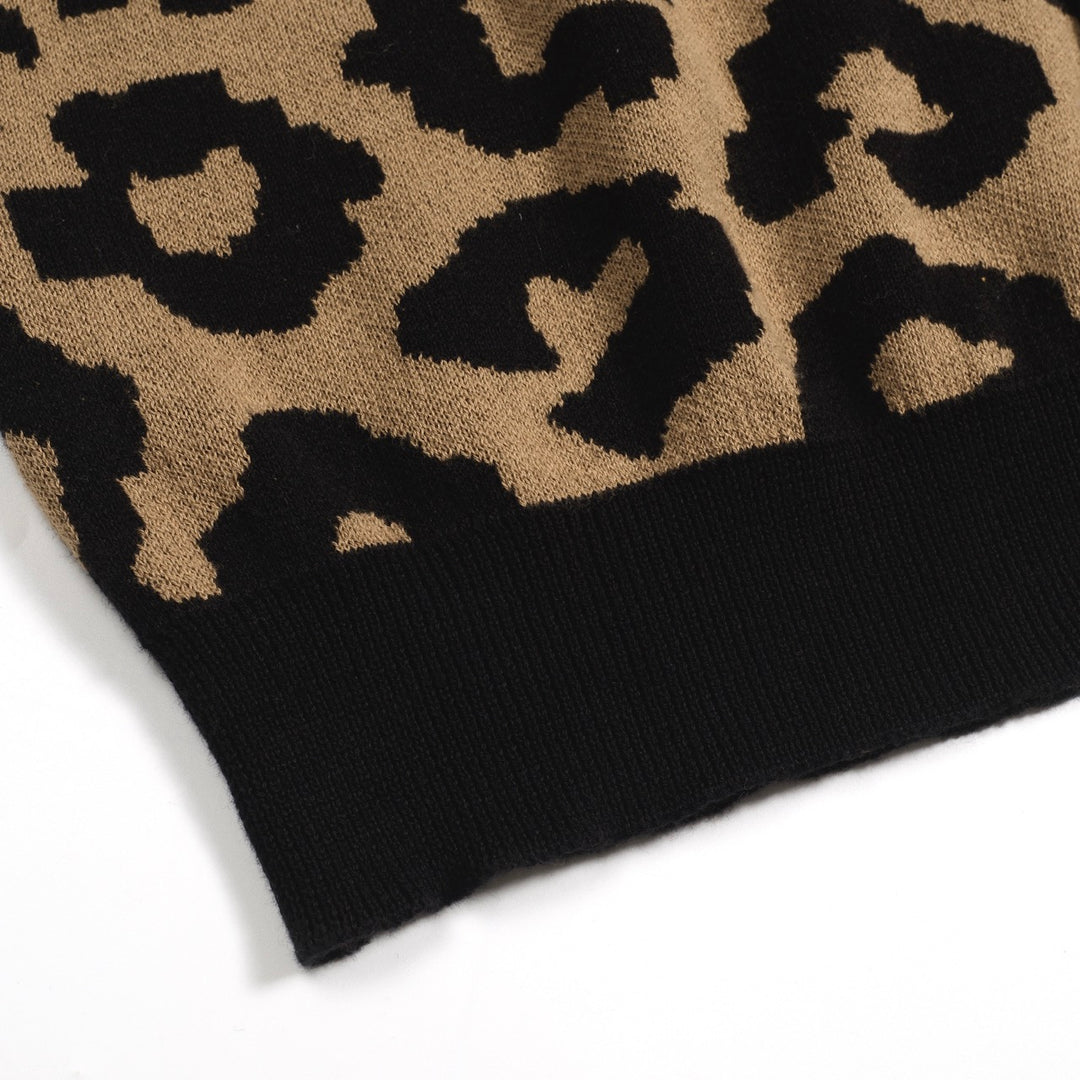Men's brown leopard print vintage jacquard knitted cardigan