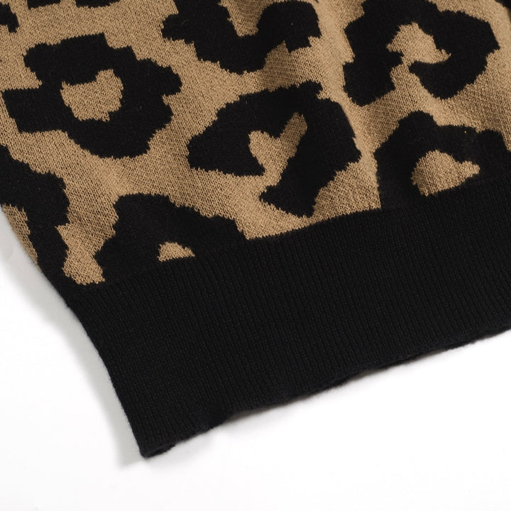 Men's brown leopard print vintage jacquard knitted cardigan