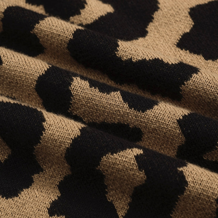 Men's brown leopard print vintage jacquard knitted cardigan