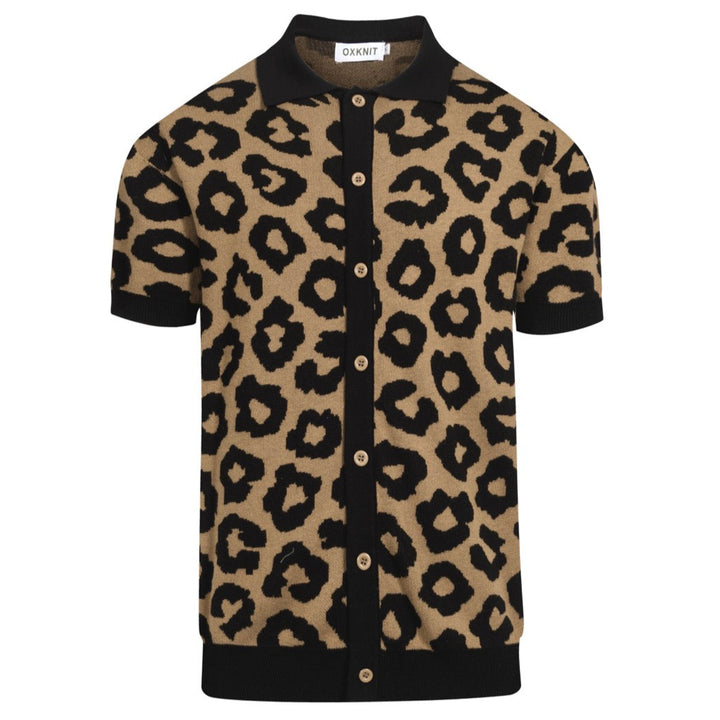 Men's brown leopard print vintage jacquard knitted cardigan