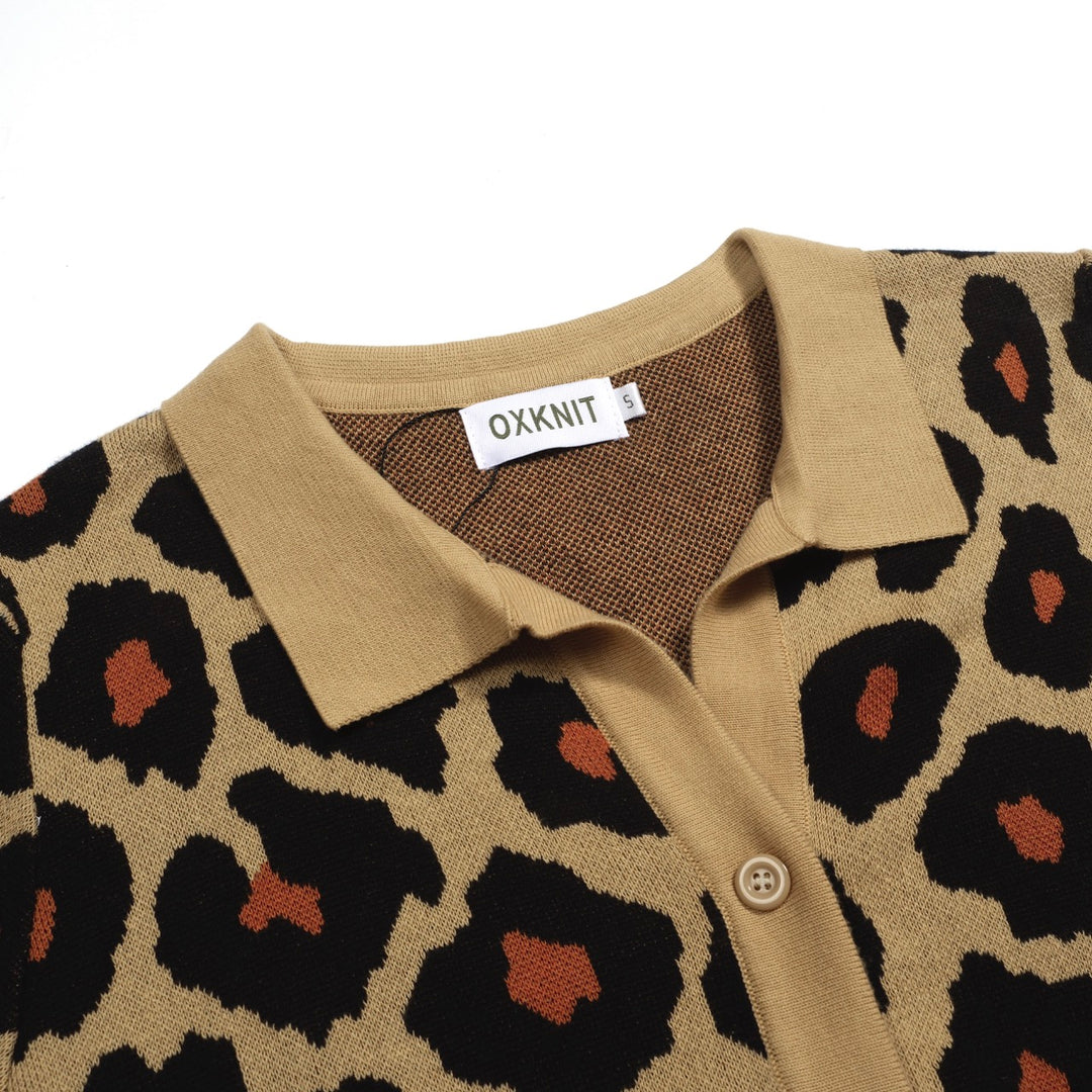 Women's khaki leopard print vintage jacquard cardigan