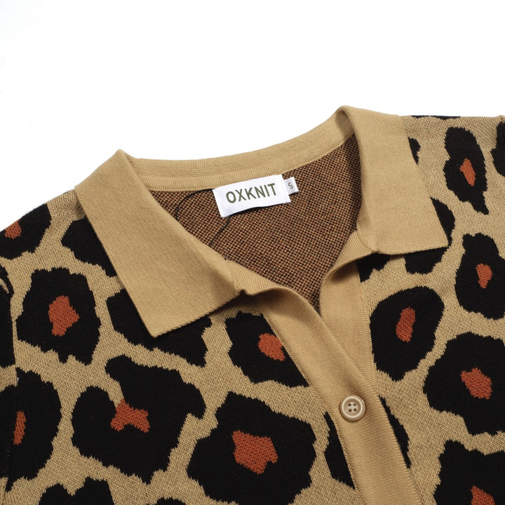 Women's khaki leopard print vintage jacquard cardigan