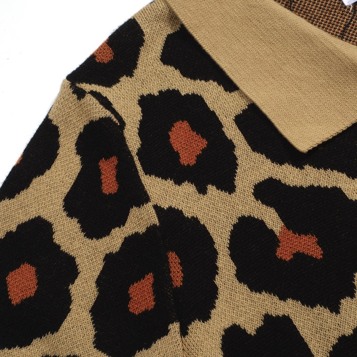 Women's khaki leopard print vintage jacquard cardigan