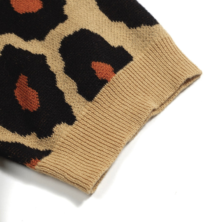 Women's khaki leopard print vintage jacquard cardigan