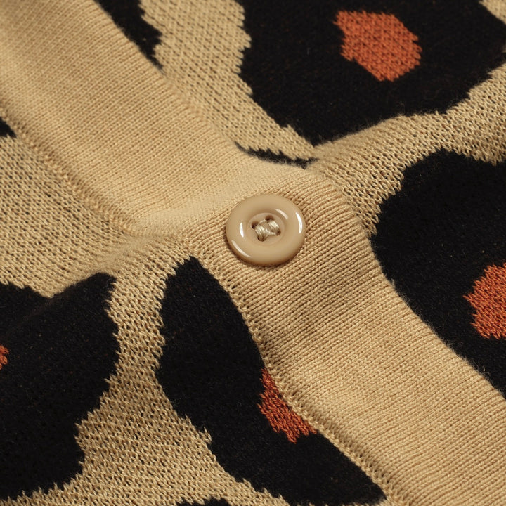 Women's khaki leopard print vintage jacquard cardigan