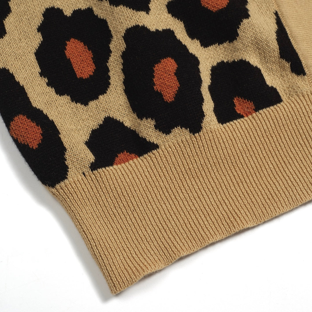 Women's khaki leopard print vintage jacquard cardigan