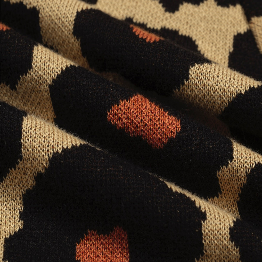 Women's khaki leopard print vintage jacquard cardigan