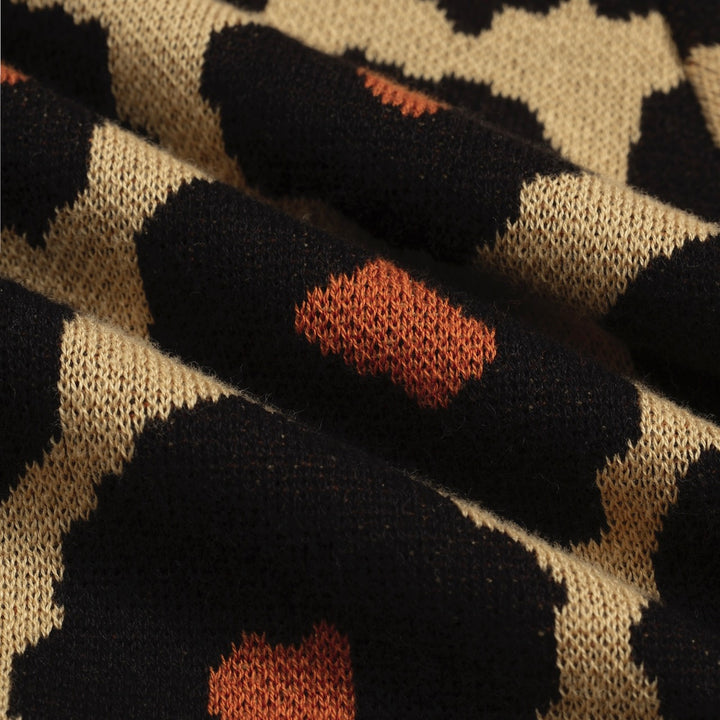 Women's khaki leopard print vintage jacquard cardigan