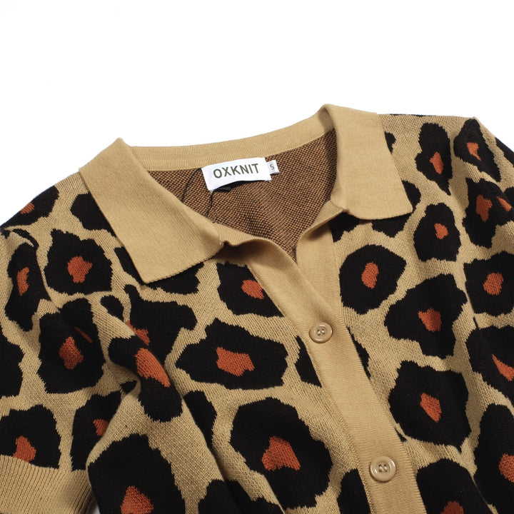 Women's khaki leopard print vintage jacquard cardigan