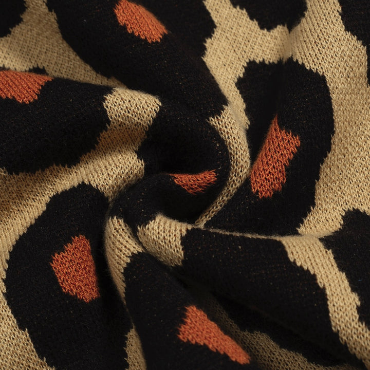 Women's khaki leopard print vintage jacquard cardigan