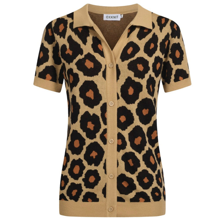 Women's khaki leopard print vintage jacquard cardigan