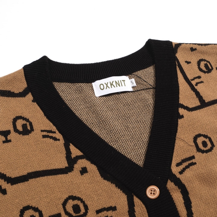 Women's khaki cat vintage jacquard cardigan