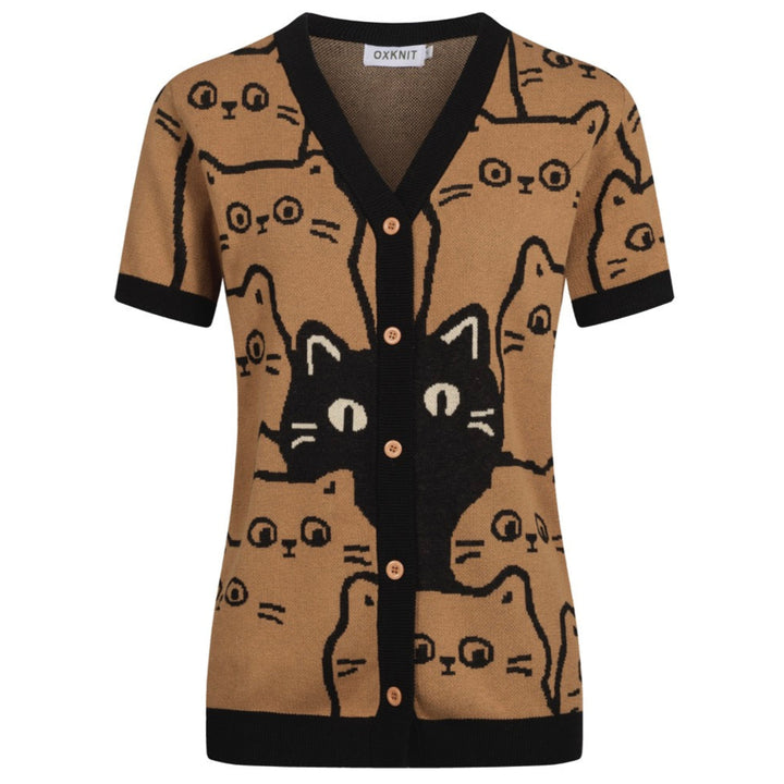 Women's khaki cat vintage jacquard cardigan