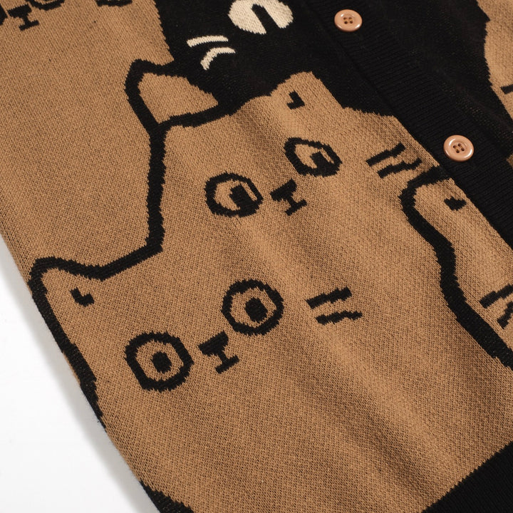 Women's khaki cat vintage jacquard cardigan