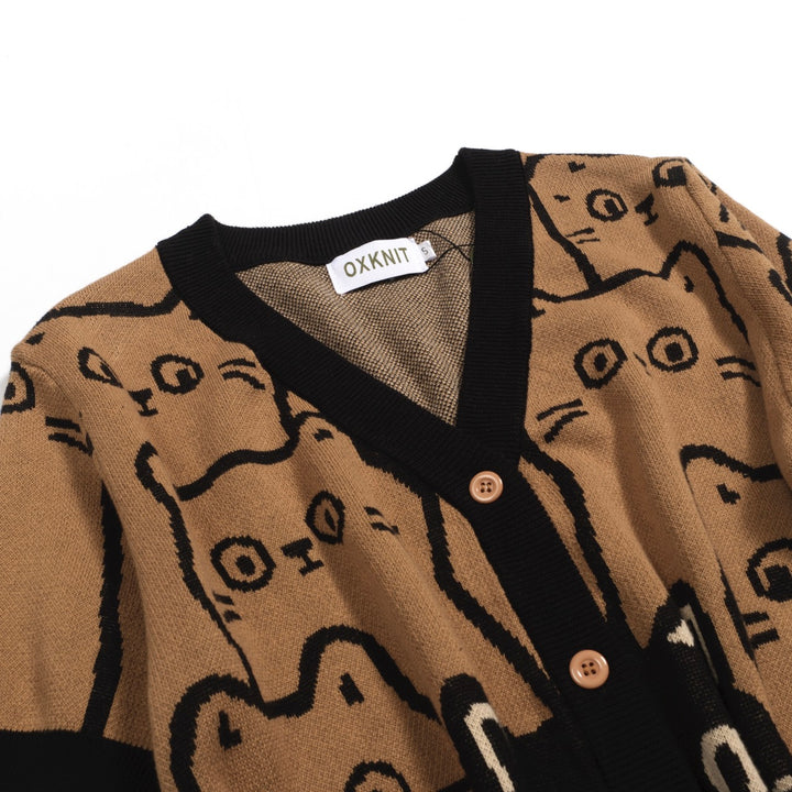 Women's khaki cat vintage jacquard cardigan
