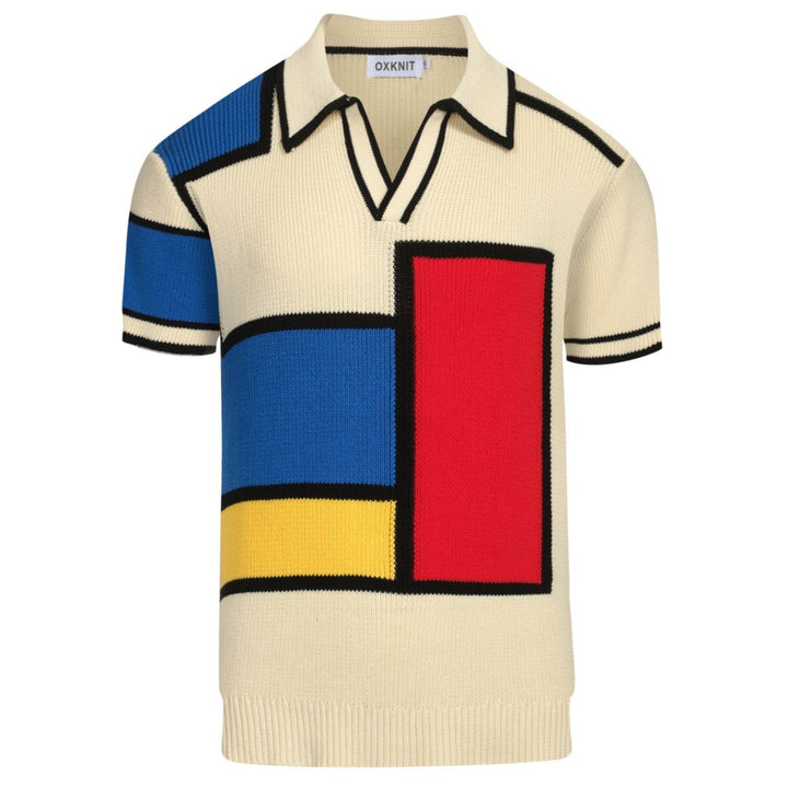 Men's multi-color color-blocking knitted V-neck polo shirt