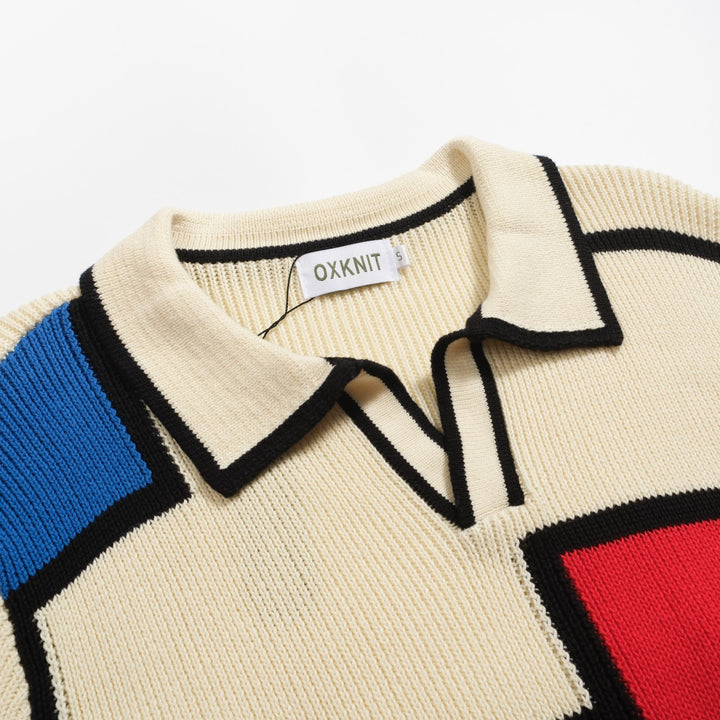 Men's multi-color color-blocking knitted V-neck polo shirt