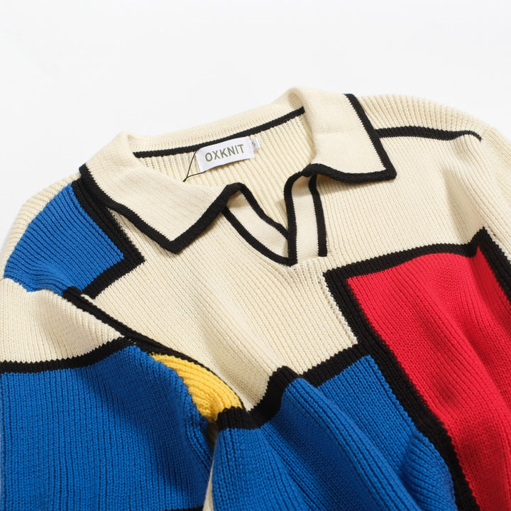Men's multi-color color-blocking knitted V-neck polo shirt