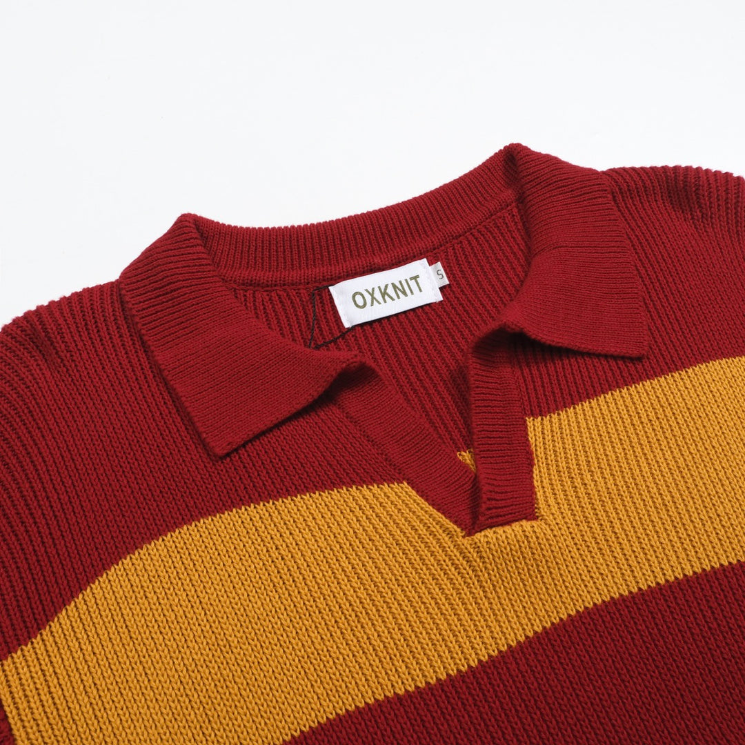 Men's red vintage striped V-neck knitted polo shirt