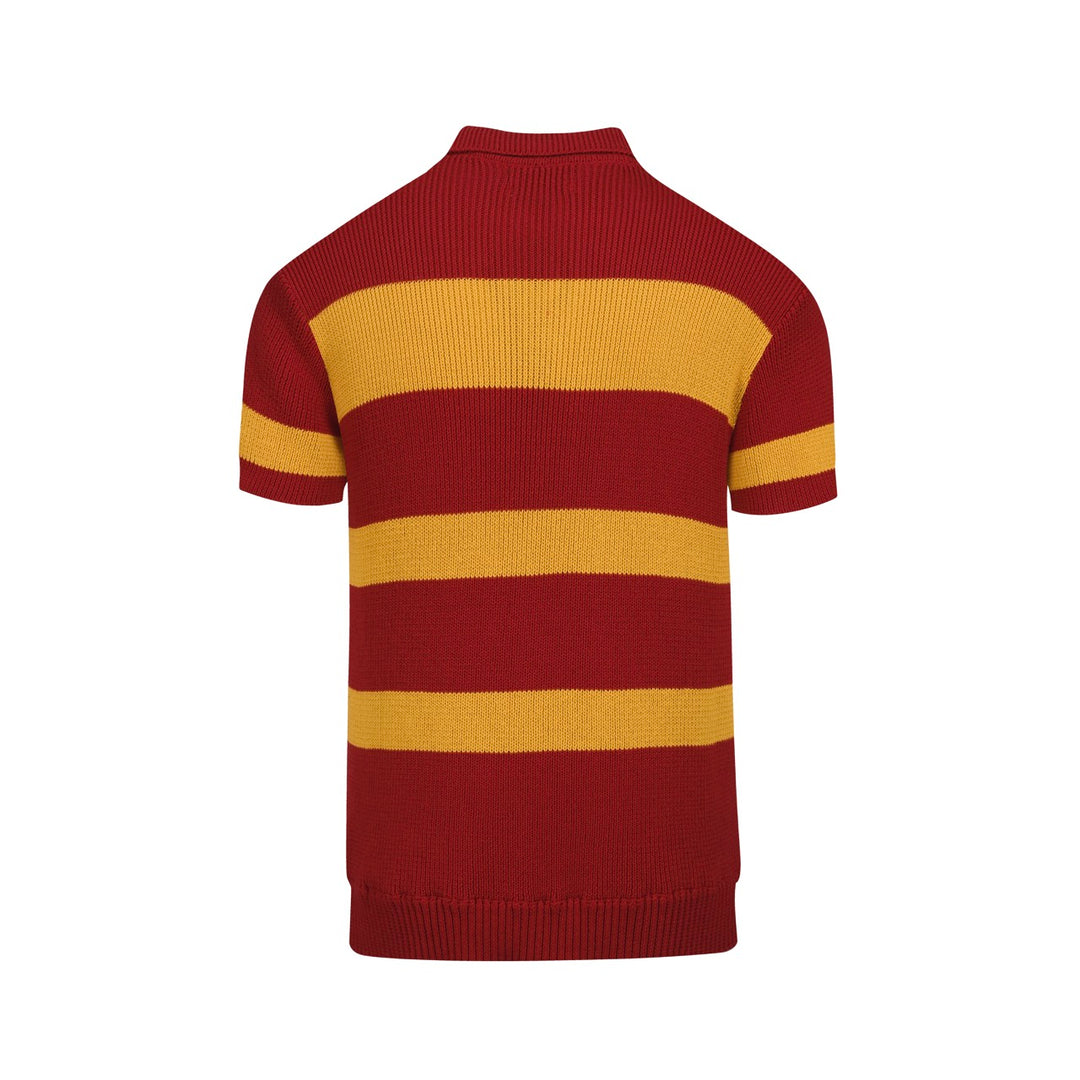 Men's red vintage striped V-neck knitted polo shirt