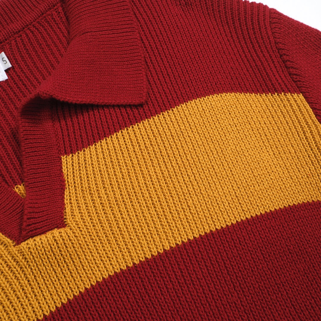 Men's red vintage striped V-neck knitted polo shirt