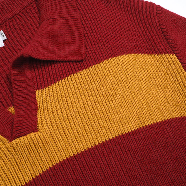 Men's red vintage striped V-neck knitted polo shirt