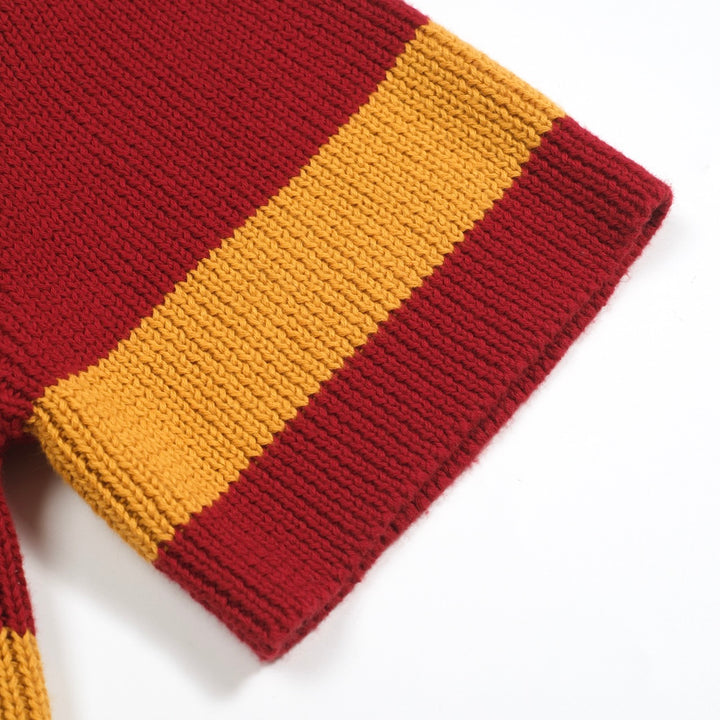 Men's red vintage striped V-neck knitted polo shirt