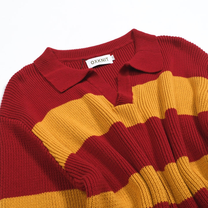 Men's red vintage striped V-neck knitted polo shirt