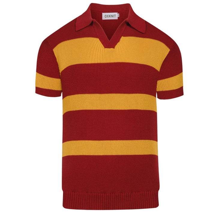 Men's red vintage striped V-neck knitted polo shirt