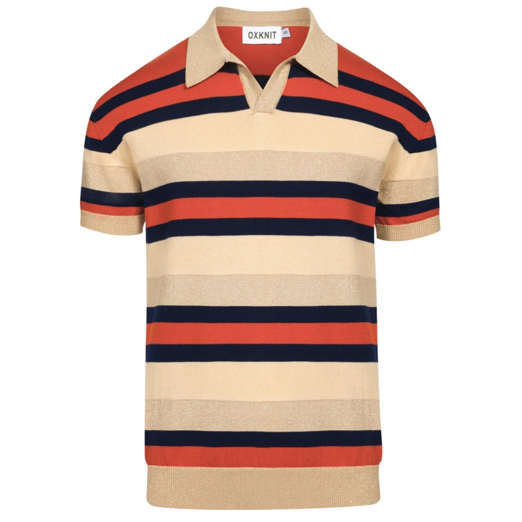 Men's khaki vintage striped V-neck knitted polo shirt