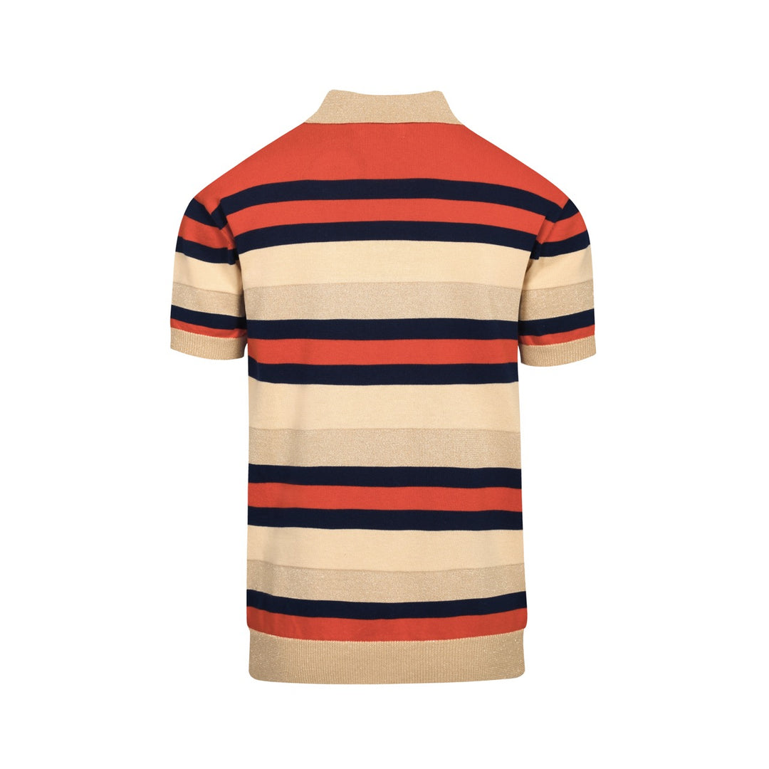 Men's khaki vintage striped V-neck knitted polo shirt