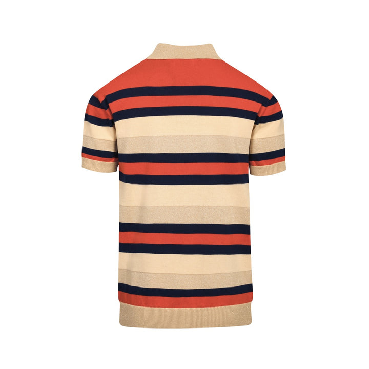 Men's khaki vintage striped V-neck knitted polo shirt