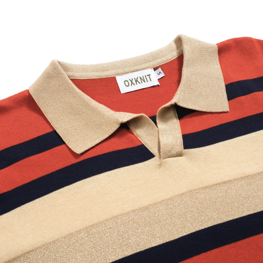 Men's khaki vintage striped V-neck knitted polo shirt